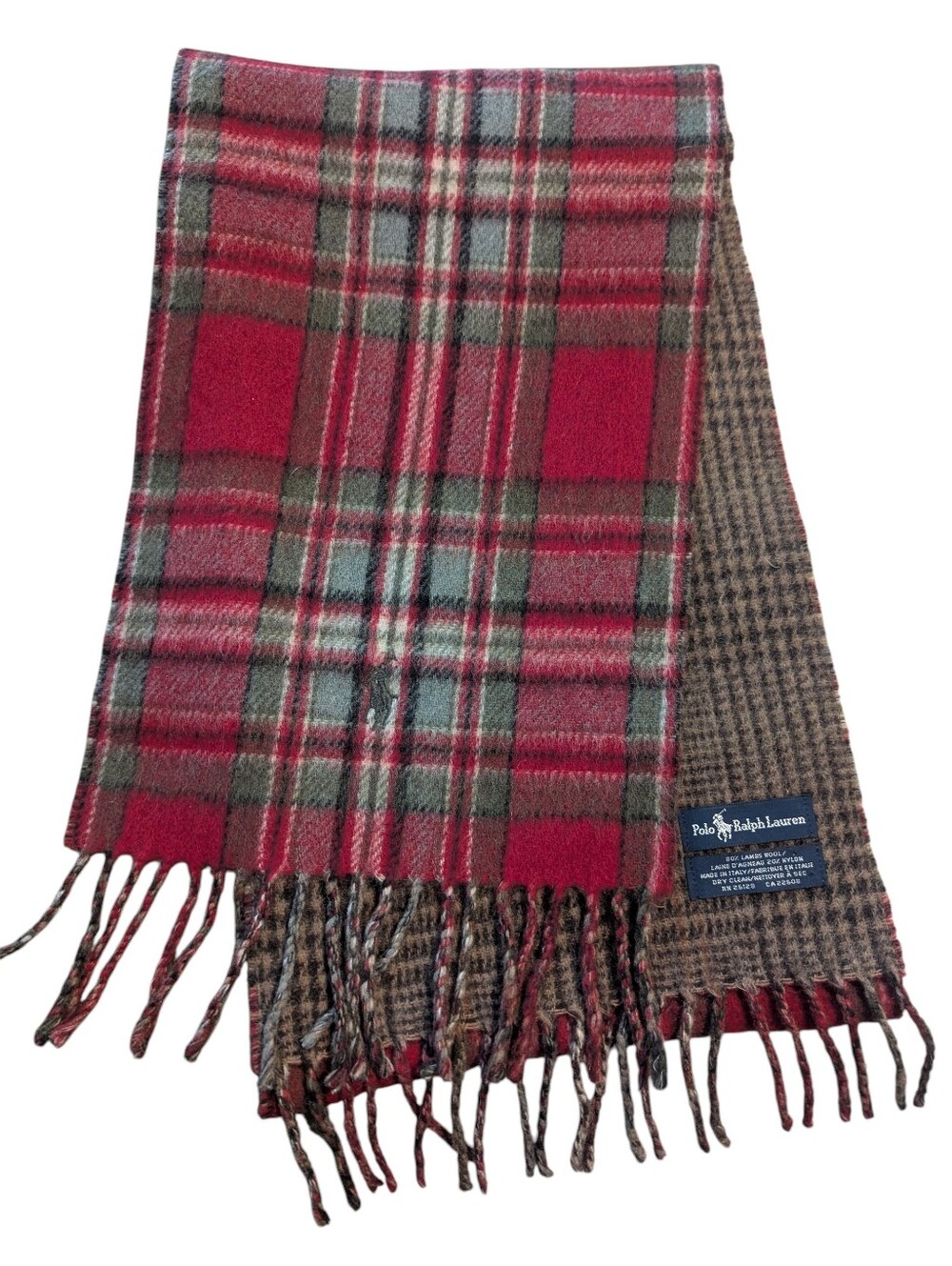 POLO Ralph Lauren Lambswool Classic Plaid/Brown Houndstooth Reversible Scarf